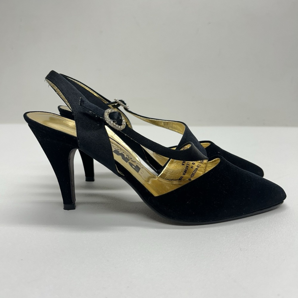 Vintage 90s PM Collection 925 Black Rhinestone Buckle Slingback Pumps Heels Sz 6 - Picture 2 of 13